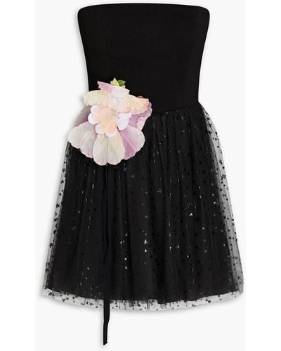 RED Valentino Strapless Floral-appliquéd Printed Tulle And Crepe Mini Dress - Black