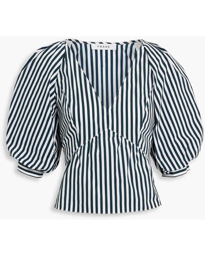 FRAME Gathered Striped Cotton-poplin Top - Blue