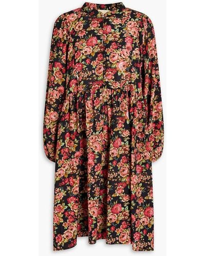 byTiMo Gathered Floral-print Cotton-blend Mini Shirt Dress - Black