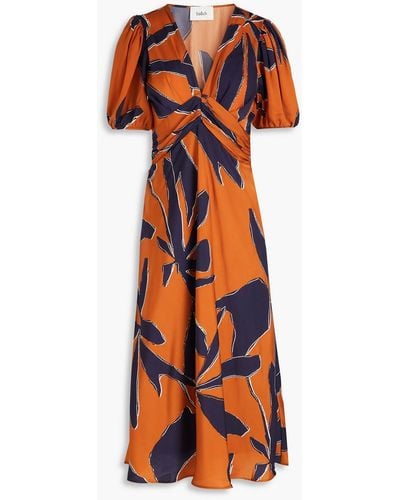 Ba&sh Ruched Printed Satin Midi Dress - Orange