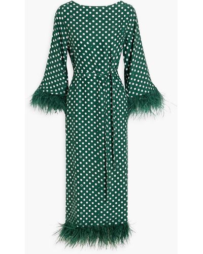 HVN Andrea Feather-trimmed Polka-dot Silk Midi Dress - Green