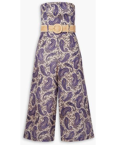 Zimmermann Devi Strapless Belted Cropped Paisley-print Linen Jumpsuit - Purple
