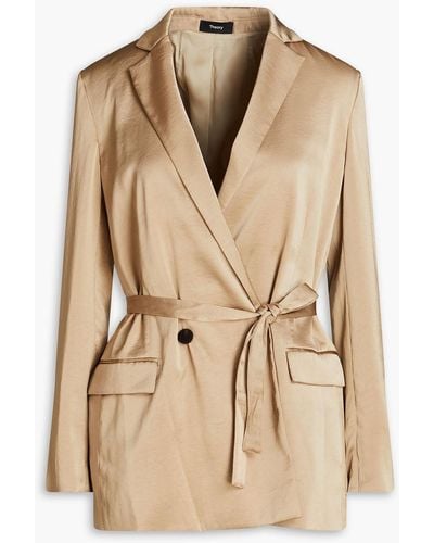 Theory Double-breasted Crinkled Satin Blazer - Natural
