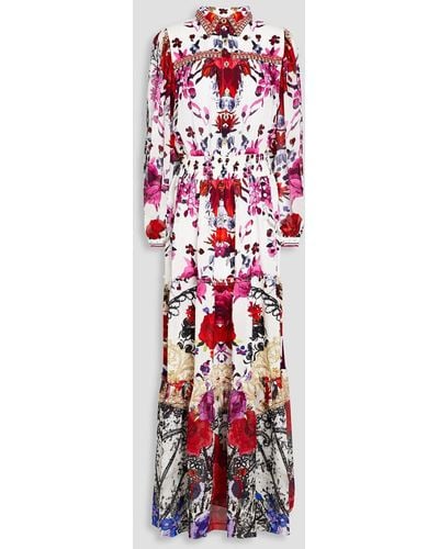 Camilla Hemdkleid in maxilänge aus crêpe de chine aus seide mit floralem print und verzierung - Rot