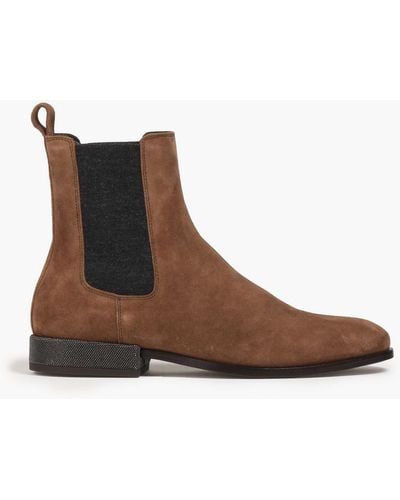 Brunello Cucinelli Bead-embellished Suede Chelsea Boots - Brown