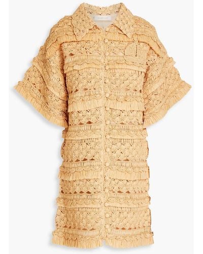 Zimmermann Fringed Crocheted Mini Shirt Dress - Natural