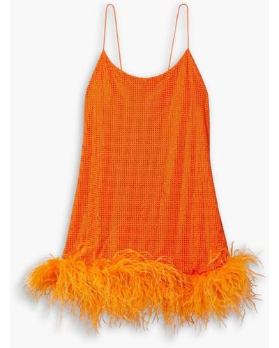 Leslie Amon Laurie Feather-trimmed Crystal-embellished Stretch-jersey Mini Dress - Orange