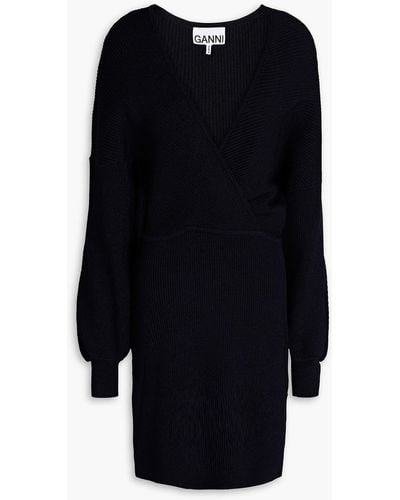 Ganni Wrap-effect Ribbed-knit Mini Dress - Black