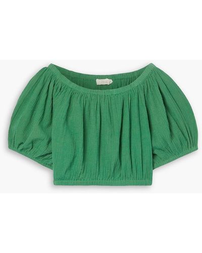 Suzie Kondi Sousanna Off-the-shoulder Cropped Crinkled Cotton-gauze Top - Green