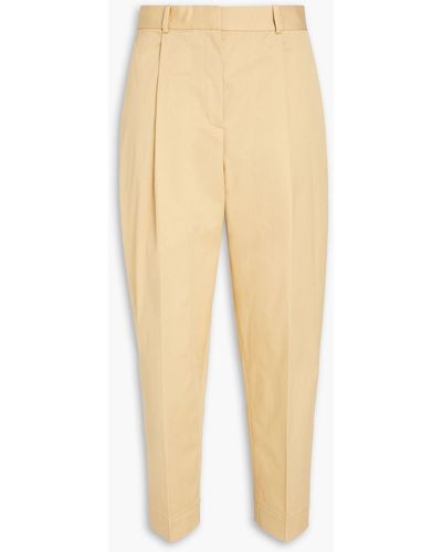 Theory Cropped Pleated Cotton-blend Twill Tapered Trousers - Natural