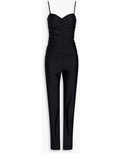 Ganni Crystal-embellished Ruched Satin-jersey Jumpsuit - Black