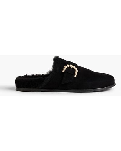 Stuart Weitzman Piper Embellished Shearling-lined Suede Slippers - Black