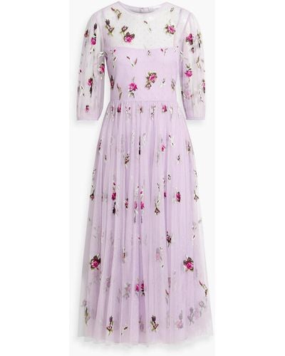 RED Valentino Pleated Embroidered Point D'esprit Midi Dress - Purple
