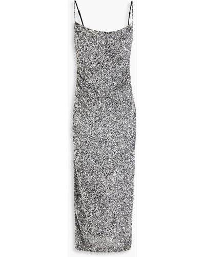 Rachel Gilbert Corrie Draped Sequined Tulle Midi Dress - Grey