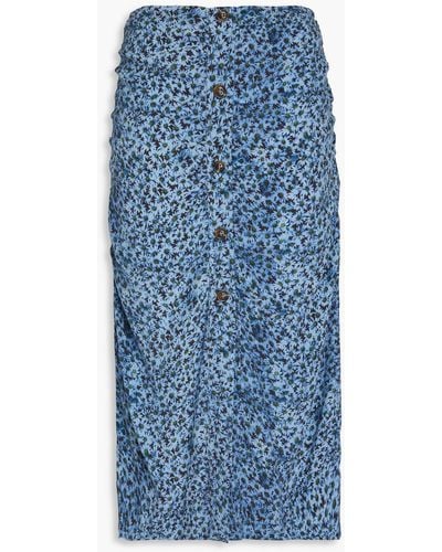 Ganni Button-embellished Ruched Floral-print Crepe Midi Skirt - Blue