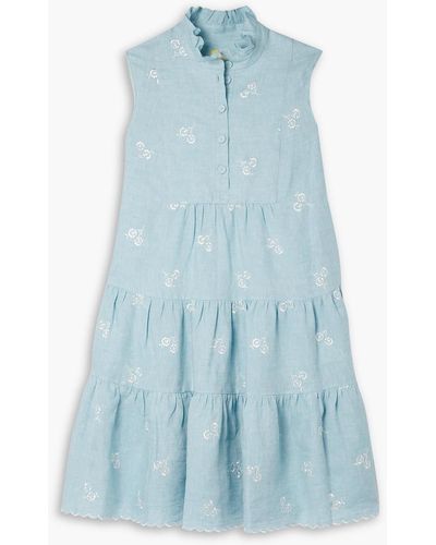 Erdem Porto Tiered Embroidered Linen Mini Dress - Blue