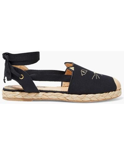 Charlotte Olympia Kitty Lace-up Embroidered Canvas Espadrilles - Black