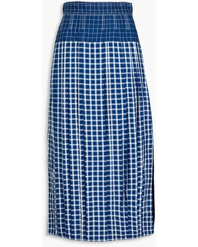 Tory Burch Pleated Checked Silk Midi Skirt - Blue