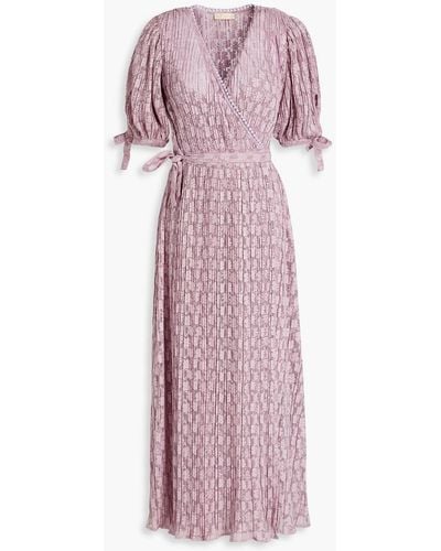 byTiMo Pleated Belted Crocheted Lace Midi Wrap Dress - Purple