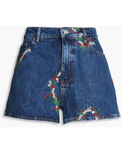 Ganni Embroidered Denim Shorts - Blue