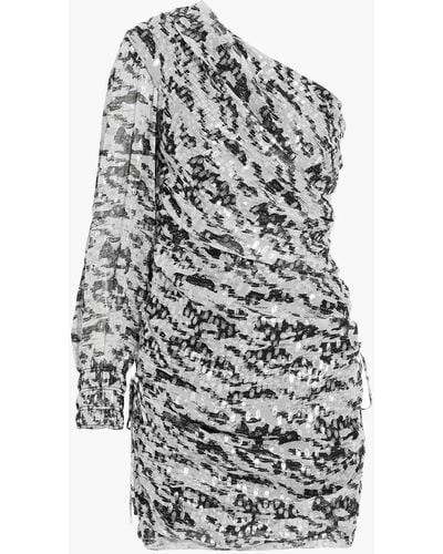 IRO Kallar bedrucktes minikleid aus chiffon mit metallic-fil-coupé und asymmetrischer schulterpartie - Weiß