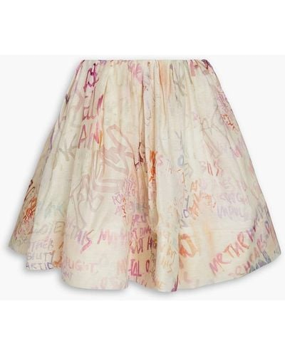 Zimmermann Gathered Printed Linen And Silk-blend Gauze Mini Skirt - Natural