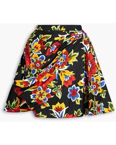 Carolina Herrera Draped Floral-print Cotton And Silk-blend Twill Mini Skirt - Black