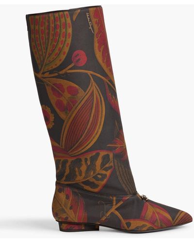 Ferragamo Vesper Embellished Printed Woven Knee Boots - Brown