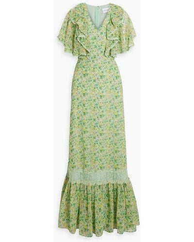 Mikael Aghal Lace-trimmed Ruffled Floral-print Chiffon Maxi Dress - Green