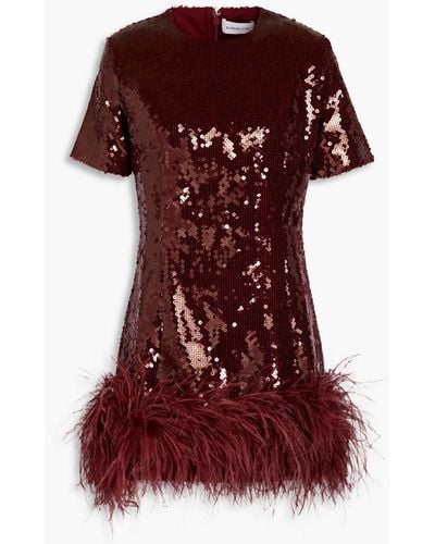 16Arlington Syrmamini Feather-embellished Sequined Mesh Mini Dress - Red