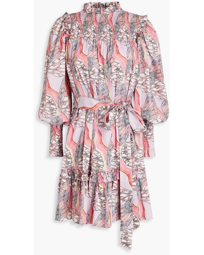 Temperley London Belted Shirred Printed Cotton Mini Dress - Purple