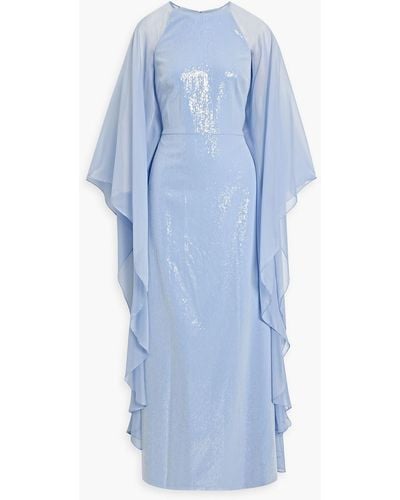 Halston Adira Cape-effect Sequined Chiffon Gown - Blue