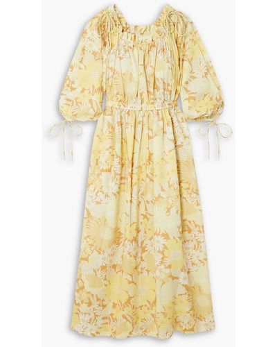 Oroton Gathered Floral-print Linen Maxi Dress - Yellow