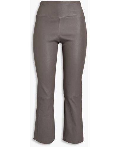 Theory Yoke Cropped Leather Flared Pants - Gray
