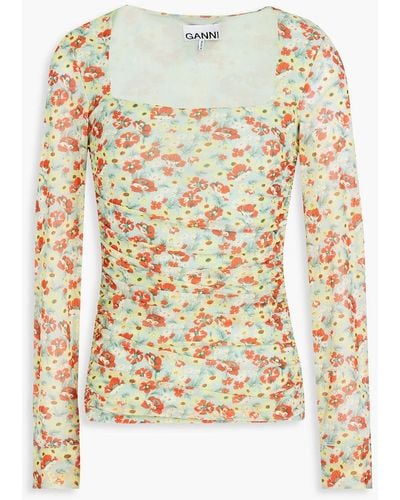 Ganni Ruched Floral-print Mesh Top - White