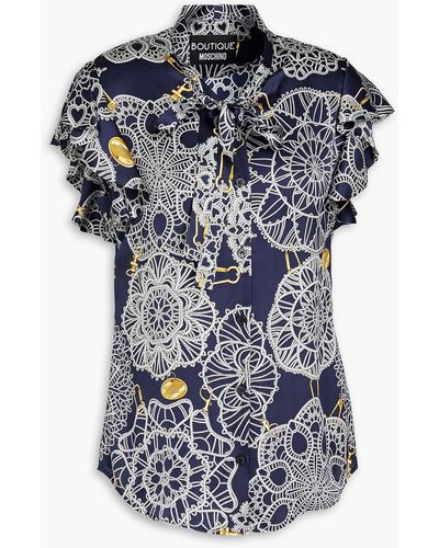 Boutique Moschino Tie-detailed Printed Silk-blend Satin Shirt - Blue