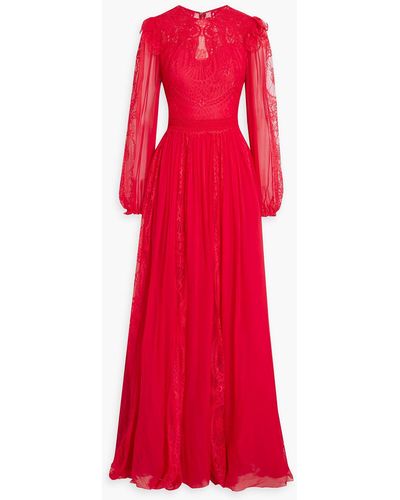 Zuhair Murad Chantilly Lace-paneled Chiffon Gown - Red