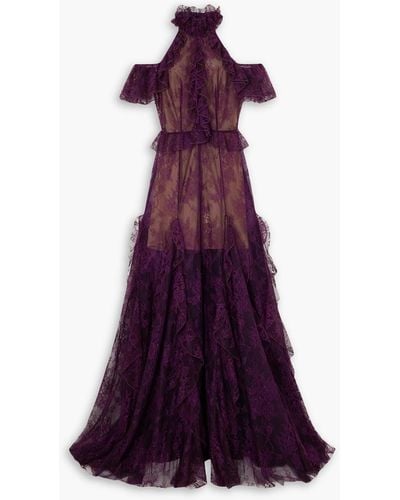 Costarellos Morgana Cold-shoulder Ruffled Lace Halterneck Gown - Purple