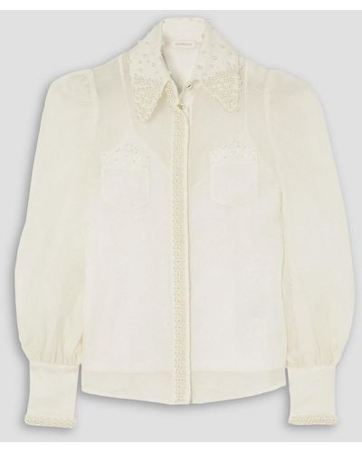 Zimmermann Faux Pearl-embellished Linen And Silk-blend Blouse - Natural