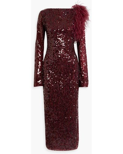 16Arlington Yola Feather-embellished Sequined Tulle Maxi Dress - Red