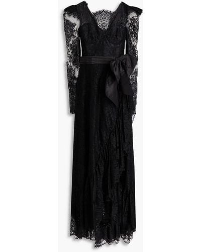 Zuhair Murad Bow-detailed Ruffled Cotton-blend Chantilly Lace Gown - Black