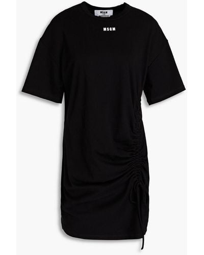 MSGM Ruched Logo-print Cotton-jersey Mini Dress - Black