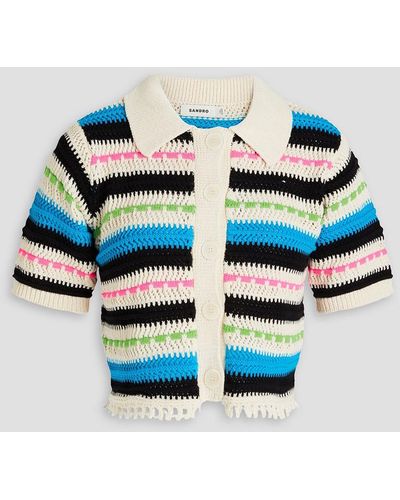 Sandro Cropped Striped Crocheted Cotton-blend Cardigan - Blue