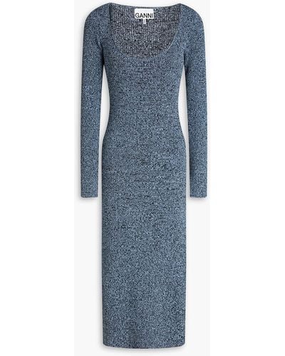 Ganni Mélange Ribbed-knit Midi Dress - Blue