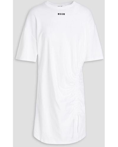 MSGM Ruched Logo-print Cotton-jersey Mini Dress - White