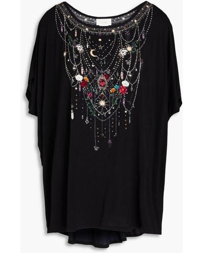 Camilla Crystal-embellished Printed Stretch Modal-blend Jersey Top - Black