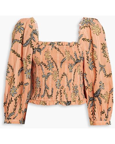 Joie Benison Shirred Printed Cotton-gauze Top - Orange