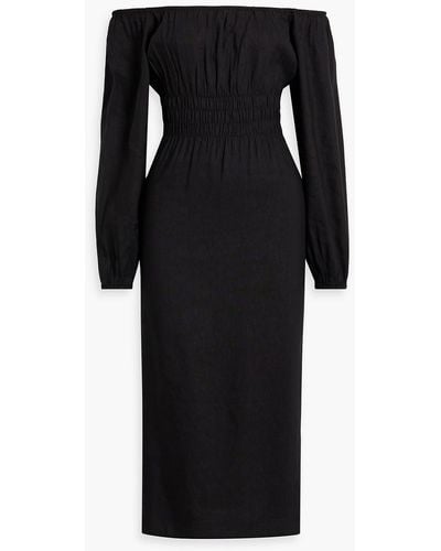 Onia Air Off-the-shoulder Shirred Linen-blend Midi Dress - Black