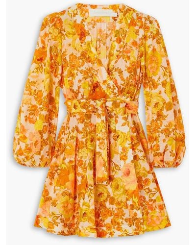 Zimmermann Raie Belted Floral-print Cotton-poplin Mini Wrap Dress - Orange