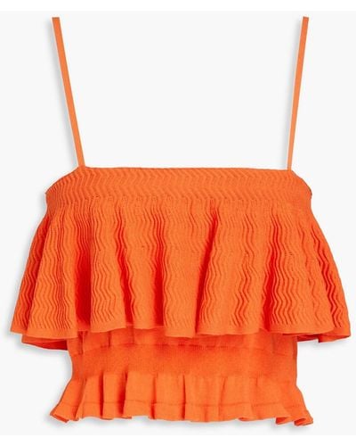 Solid & Striped Cropped Ruffled Crochet-knit Top - Orange